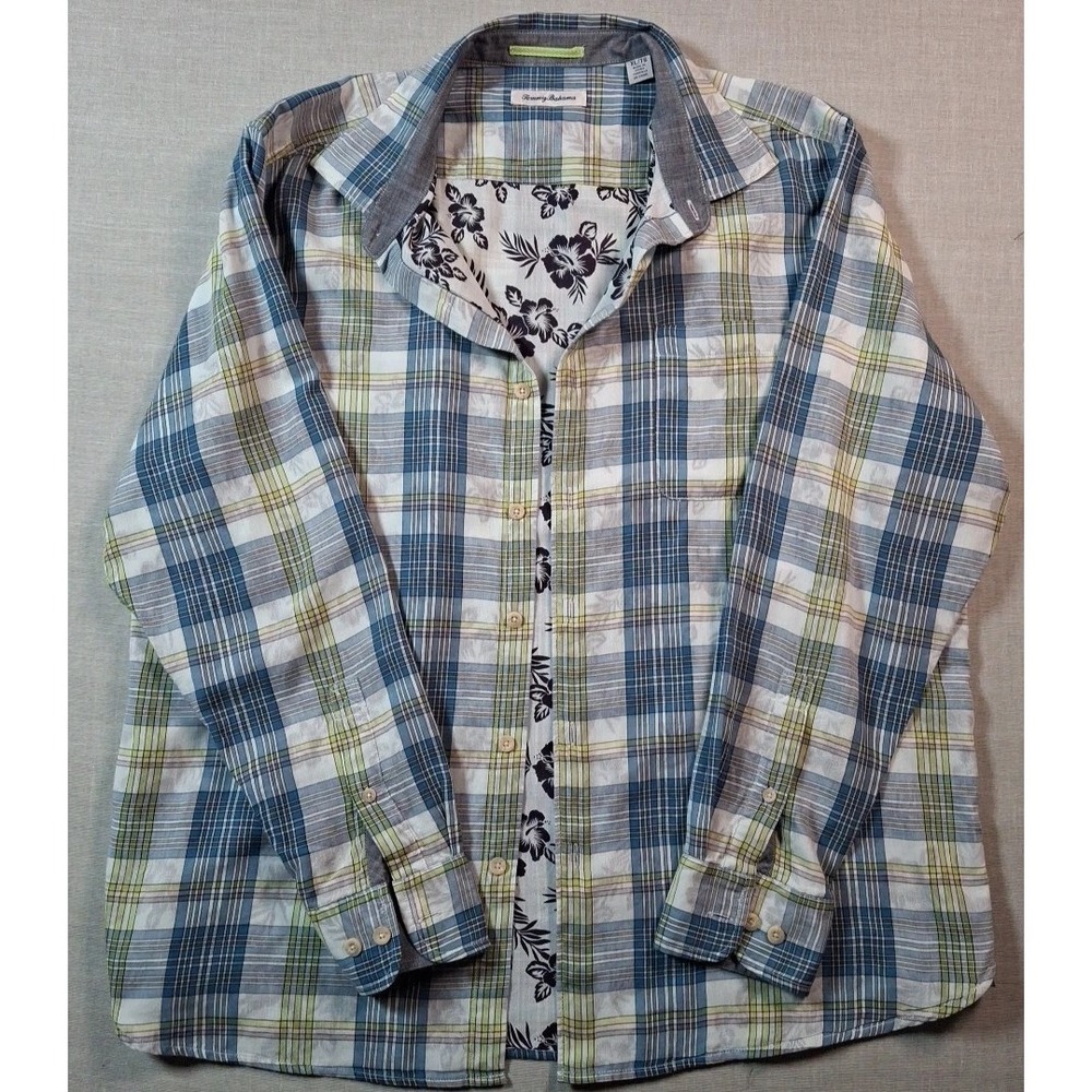 Tommy Bahama Button Down Shirt Mens XL Blue Green Plaid Floral 183-T320443